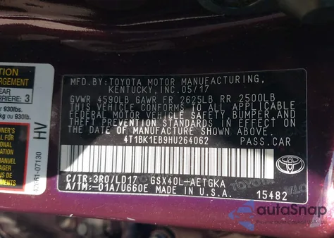 2017 Toyota Avalon Xle z USA, uszkodzony, nr VIN 4T1BK1EB9HU264062